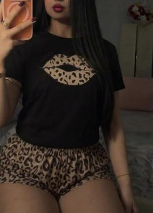 Леопардова піжама 🐆 модель з губами 👄 домашній костюм 🛍️ комплект з шортами та штанами