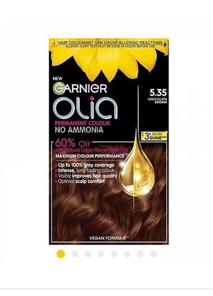 Стойкая крем-краска garnier olia в оттенке 5.35 "теплый шоколадный" без аммиака.