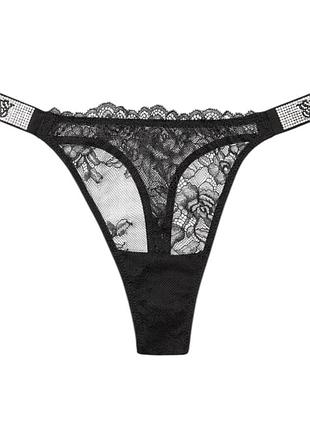 Трусики зі стразами victoria's secret bery sexy shine strap rose lace thong m чорні
