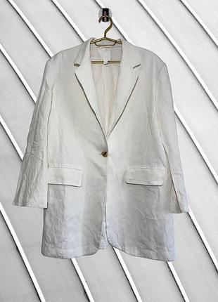 Женский белый удлиненный пиджак h&amp;m s l оригинал эйч энд эм льняной жакет лен вискоза летний блейзер оверсайз стан идеал 46 48