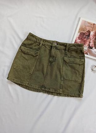 Плотная джинсовая юбка мини на средней посадке цвета хаки размер с-м denim co