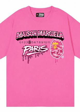 Футболки maison margela paris x bape logo унисекс розовые коллаборация мейсон марджела и бейп новинка на лето