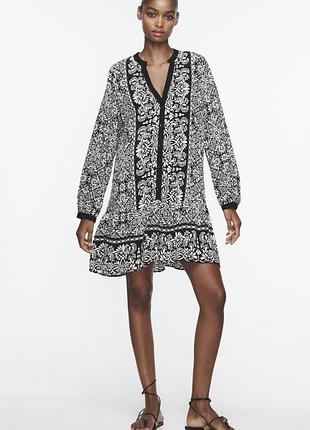 Платье-туника zara из натуральной вискозы в этно-принт