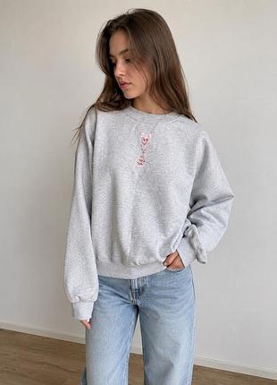 Світшот жіночий сірий з вишивкою | oversize | розмір m