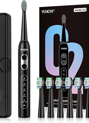 Електрична звукова зубна щітка yunchi c2, 5 режимів, usb-c, 8 насадок, дорожній футляр, чорна