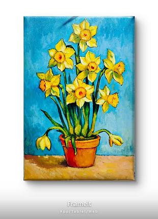 Картина "нарциси в горщику", ручна робота, полотно 20×30см, олійна фарба, написана в стилі імпресіонізму