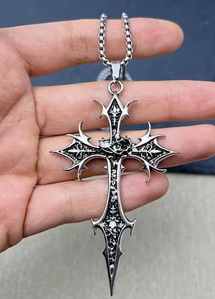 Кулон мужской с цепочкой, массивный крест двусторонний gothic cross сріблястий