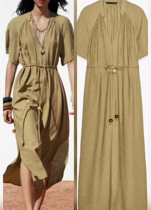 Жіноча сукня кольору хакі від zara з v-подібним вирізом і поясом із намистинами