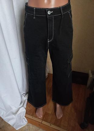 Новые черные джинсы карго ikks cargo wide leg с белой строчкой и утяжкой, р. 30 / 150 см