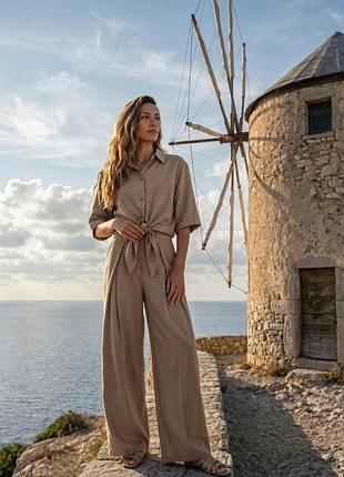 Бежевый комплект брюки с рубашкой с завязками xxl-3xl