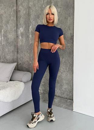 Спортивний жіночий костюм hot з імітацією білизни для фітнесу та йоги (кроп-топ футболка + легінси) з подвійним push up темно-синій m