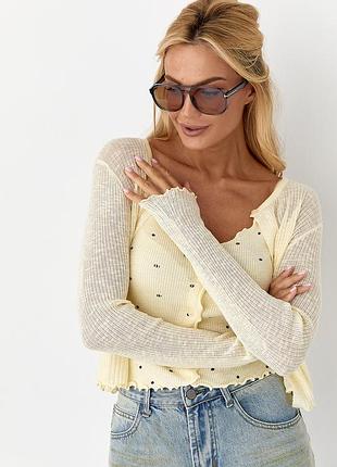Ажурний кардиган у комплекті з майкою - лимонний цвет, one size (є розміри)