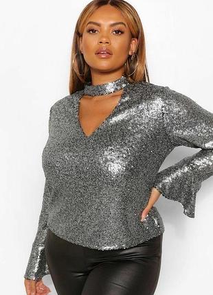 Нова блискуча блузка boohoo паєтки срібна з чокером