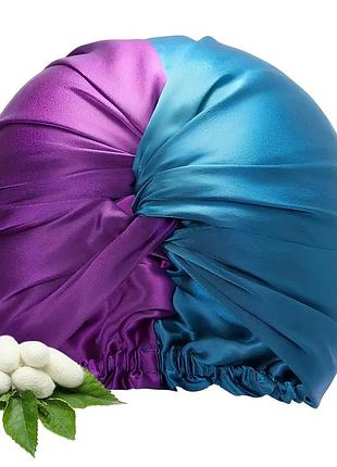 Двухслойный шелковый бонет для волос 100% silk (фиолетово-бирюзовый)