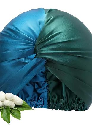 Двухслойный шелковый бонет для волос 100% silk (зелено-бирюзовый)