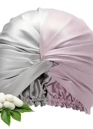 Двухслойный шелковый бонет для волос 100% silk (серо-розовый)