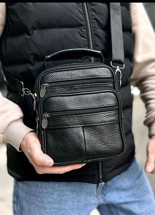 Якісна шкіряна сумка з короткою і довгою ручкою чоловіча чорна