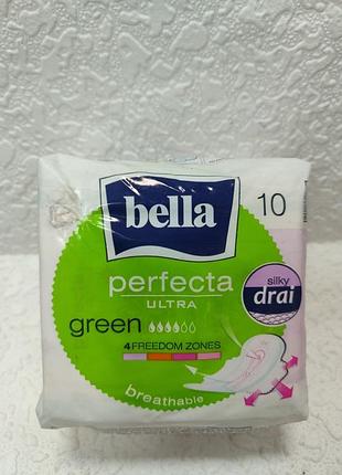 Гигиенические прокладки bella perfecta ultra green с поглощением 4 капли.упаковка содержит 10 ультратонких прокладок с сетчатым покрытием silky drai.