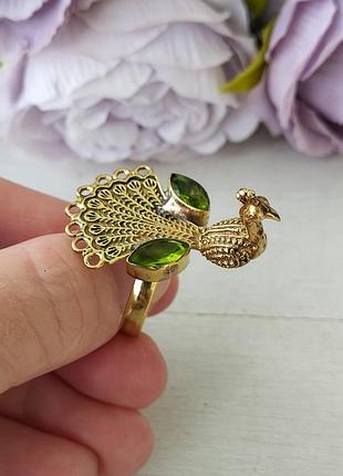 Павич 🦚хризолит 💚 драгоценное кольцо позолота
