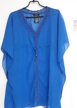 Esmara
36/s/44
38/m/46
ярко синяя пляжная туника украшена кружевом и маэ за плечи на поясе
идеальное состояние (состояние новой вещи )