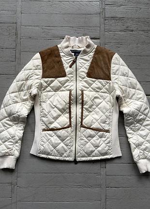 Жіноча стьобана куртка ralph lauren sport розмір s оригінал брендова десезонна вітровка світла бежева молочна бомбер зі шкіряними вставками на плечах