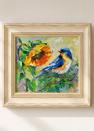 Пташка та соняшник, живопис 18×24 см