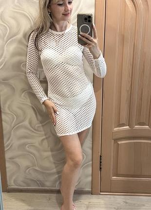 Белая ажурная пляжная туника накидка сеточка парео платье xs (34-36)