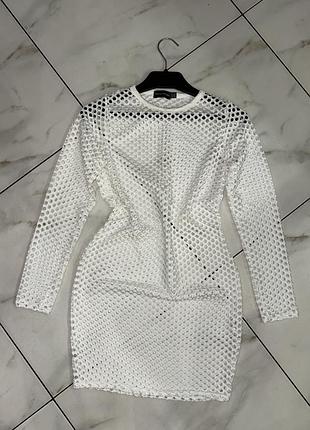 Белая ажурная пляжная туника накидка сеточка парео prettylittlething xs (34-36)