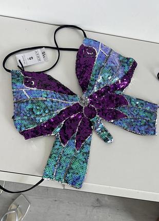 Топ метелик в паєтках фіолетовий блакитний блискучий топ бра відкрита спина butterfly top