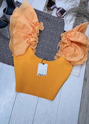 Нова літня блуза zara s m коротка блуза в’язана помаранчева блуза з об’ємними шифоновими рукавами зара