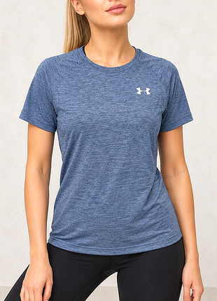 1+1=3 спортивна жіноча еластична блакитна футболка under armour, розмір 46 - 48