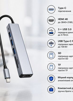 Usb-хаб 7в1 type-c с hdmi, sd, tf, 3xusb 3.0 и power delivery