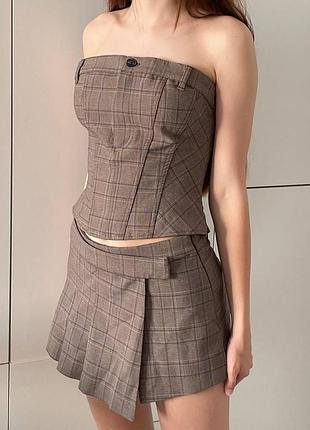Топ и юбка в клетку бежевый коричневый зара zara комплект xs/s