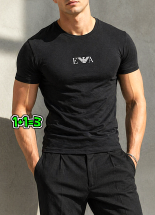 🎁1+1=3 брендовая черная мужская натуральная футболка emporio armani, размер 46 - 48