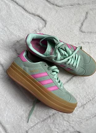 Кросівки adidas gazelle зелені з рожевим, замша, 24,5 см