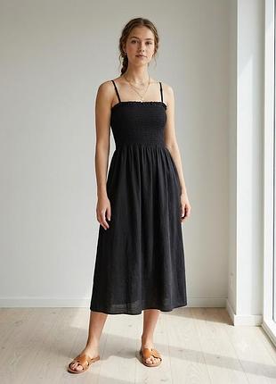 H&m нова(з біркою) жіноча сукня-міді, чорний сарафан із зібраним ліфом і розкльошеною спідницею, розмір s/m/l