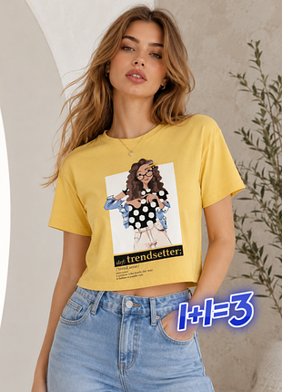 1+1=3 стильна жовта футболка з бавовна з дівчинкою f&f, розмір 44 - 46