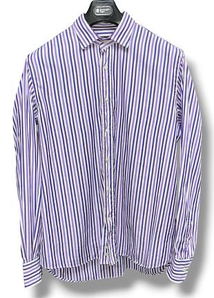 Etro slim fit 41 классическая яркая рубашка в полоску розовая фиолетовая