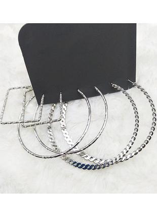 Set набор сережек круглые и квадратные серебристые купить, бижутерия 3 пары недорого