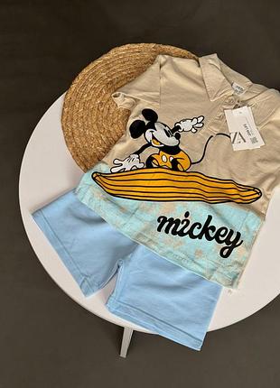 Zara брендовый летний костюм с принтом mickey mouse для мальчика 🖤