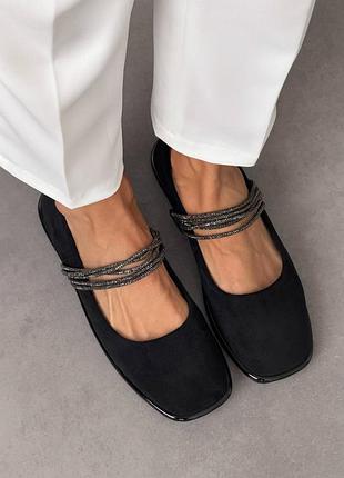 Балетки с серебряным ремешком экозамша черные