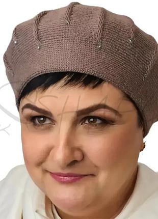 Берет двойной женский с аккуратным узором и стразами шерстяной зимний теплый lirus савана темно-пудровый