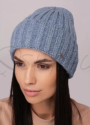 Шапка женская без подкладки из шерсти мерино с отворотом leks купава светлый джинс