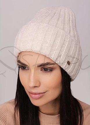Шапка женская без подкладки из шерсти мерино с отворотом leks купава жемчуг