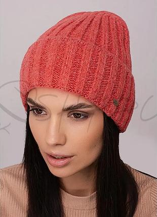 Шапка женская без подкладки из шерсти мерино с отворотом leks купава коралл