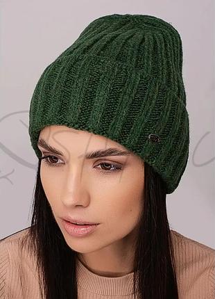 Шапка женская без подкладки из шерсти мерино с отворотом leks купава зеленый