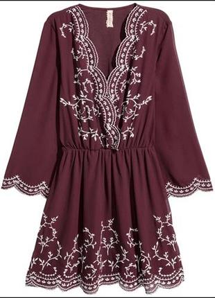Стильна бордова сукня плаття з вишивкою на запах h&m