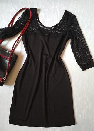 Сукня жiноча мiдi трикотажна з гiпюром рукавом три чвертi чoрнa