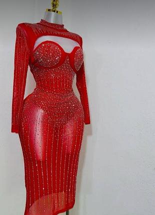 Платье сетка из боди женское с камушками