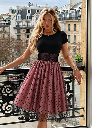 Літня сукня💓ніжна сукня міді odizli 🌸 пишна спідниця в горошок ✨ сукня міді з фатином 👗 романтичний стиль для побачень та святкових подій